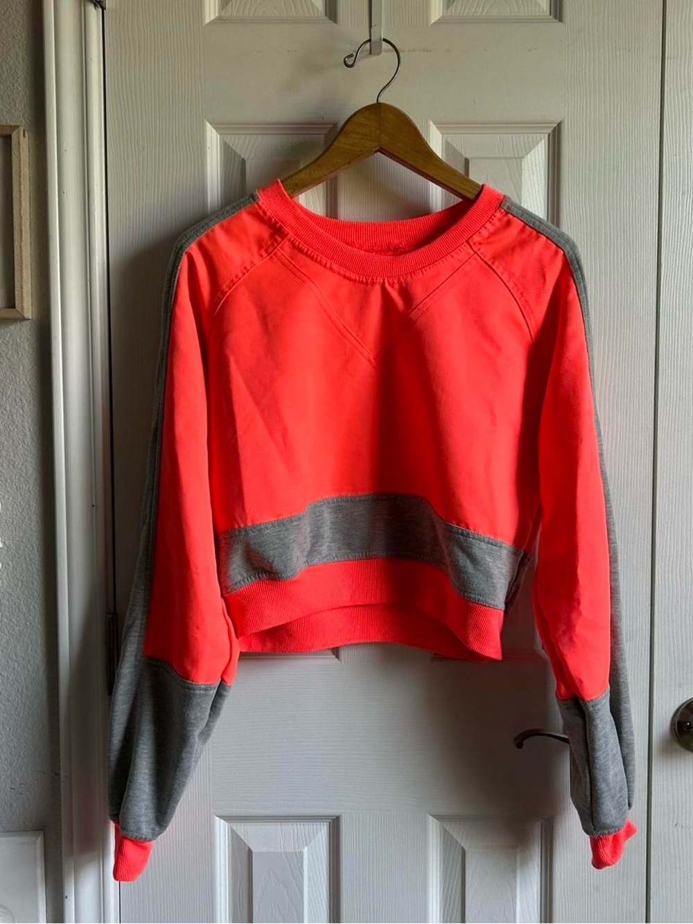 Without Walls Neon Colorblock Cropped Crewneck Sweater in Coral and Gray